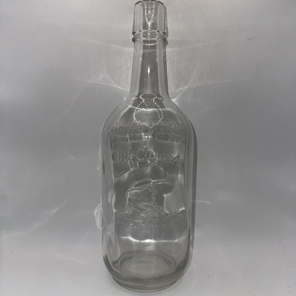 Old Quaker Brand 10-3/4"h Glass Cork Top Whiskey Bottle Empty Vintage Crafting